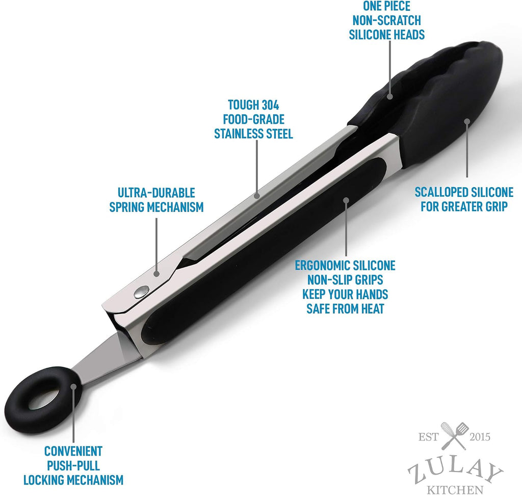 Zulay Premium Set of Stainless Steel Tongs for Cooking, Grilling and Barbecue - 12" Heavy Duty Silicone Tongs with Heat Resistant, Nonstick, Silicone Heads, Best for Non-Scratch Cookware