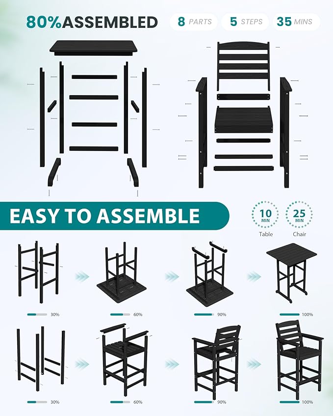 SERWALL 5-Piece Adirondack Bar Chairs Set, HDPE Adirondack Barstools with Pub Table, Outdoor Patio Bar Furniture for Bistro, Balcony, Poolside, Garden - Black