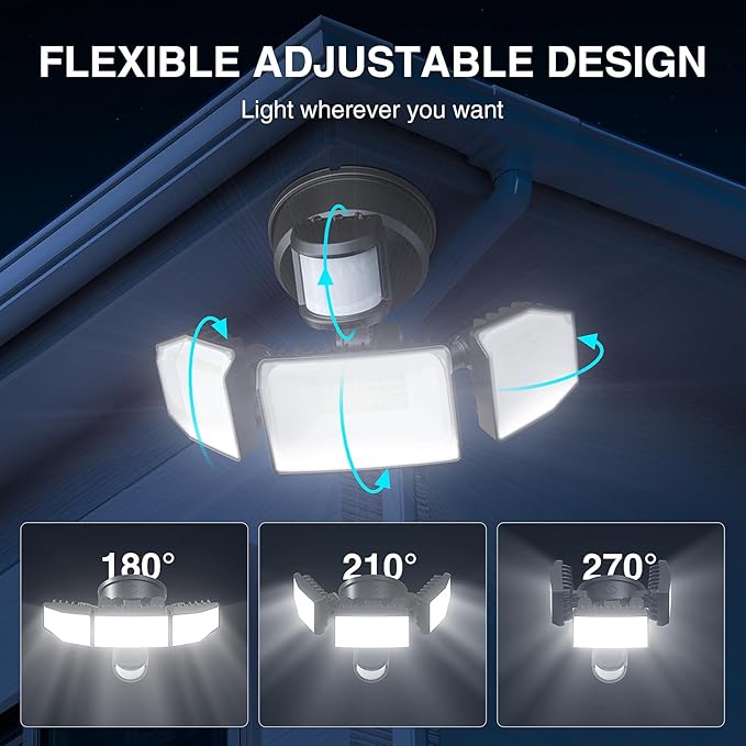 85W Motion Sensor Outdoor Light, 8500LM Ultra-Bright LED Security Light with 3 Adjustable Heads, IP65 Waterproof Dusk to Dawn Flood Light for Garage, Yard, and Driveway, 6500K Daylight, Black