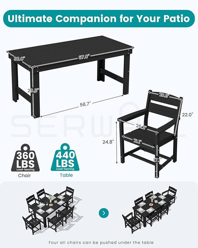 SERWALL Outdoor Dining Table Set, 67‘’ HDPE Patio Dining Set for 6, Wood-Like All-Weather Outdoor Table and Chairs Set for Lawn, Black