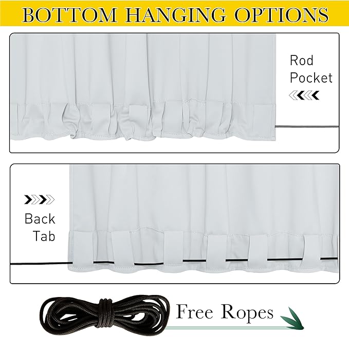 NICETOWN 2 Panels Outdoor Curtains Waterproof Pocket & Back Tab on Top & Bottom, Thermal Insulated Windproof Sun Blocking Outside Privacy Drapes for Patio with Fixed Rope, W84 x L84, Greyish White