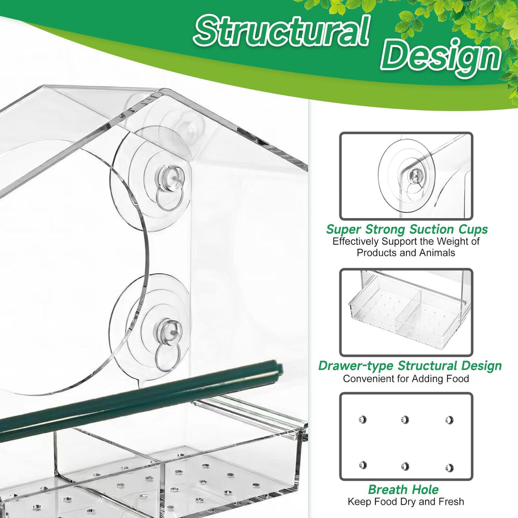 Window Mount Wild Bird Feeder Set of 3, Large & Small Seed Feeders + Hummingbird Water Station, Heavy-Duty Suction Cups, Easy Feeding & Drinking Access, Easy Install Outdoor Bird Watching Accessory