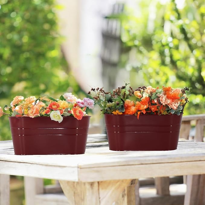 3 Pack Metal Railing Planters, 10.5" Oval Hanging Flower Pots with Detachable Hooks & Drainage Holes, Fits Rails up to 2.36", Galvanized Iron Fence Bucket for Balcony Garden Patio - Red