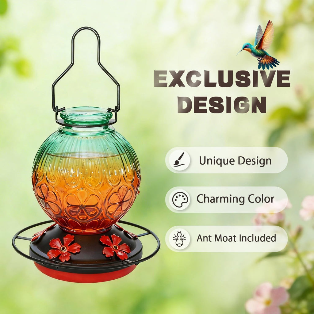 Glass Hummingbird Feeders for Outdoors Hanging, 23Oz Humming Bird Nectar Feeders with Perch, 5 Flower Feeding Ports, Leak Proof Base and Hook for Garden Decor, Gifts for Mom Women (Green)