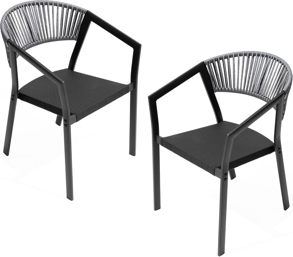 Patio Dining Chairs Set of 2 Aluminum Stackable Outdoor Chairs | Wicker Barrel Backrest Armchairs for Patio, Deck, Backyard, Grey