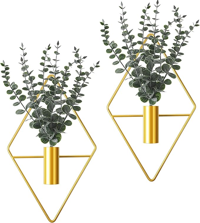 Jexine 8 Pcs Hanging Planters with Artificial Eucalyptus Metal Hanging Vase Indoor Plants Holder Modern Geometric Boho Bathroom Wall Decor for Living Room Home Office (Eucalyptus,Gold)