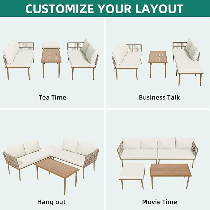YITAHOME Patio Furniture Set, 6 Pieces Outdoor Rattan Woven Sectional Sofa Patio Loveseat with Ottoman and and Side Table, Conversation Set for Backyard, Porch, Boho - Beige