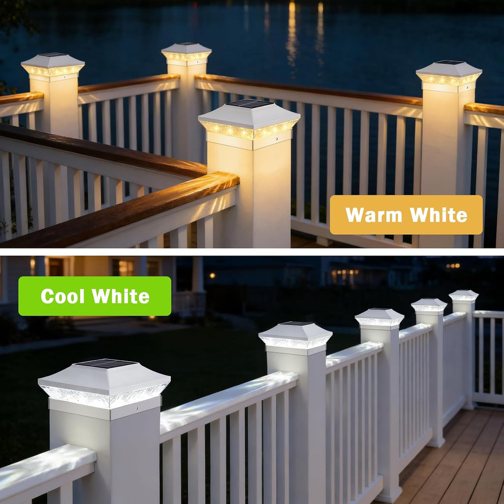 4x4 3.5x3.5 Solar Post Cap Lights 12-Pack White | 16LEDs, 2 Modes (Warm/Cool White), for Wooden/Vinyl Posts, IP65 Waterproof, Outdoor, for Fence, Deck, Patio, Yard, Porch