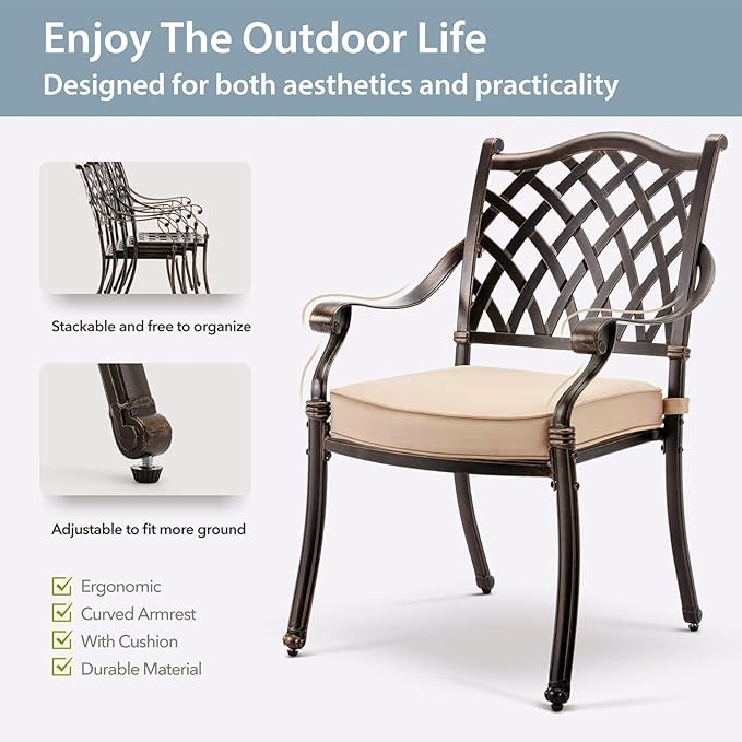 7-Piece Cast Aluminum Patio Furniture, Patio Dining Set for 6 Include 59" Rectangular Outdoor Dining Table and 6 Stackable Chairs with Cushions & Umbrella Hole (Bronze)