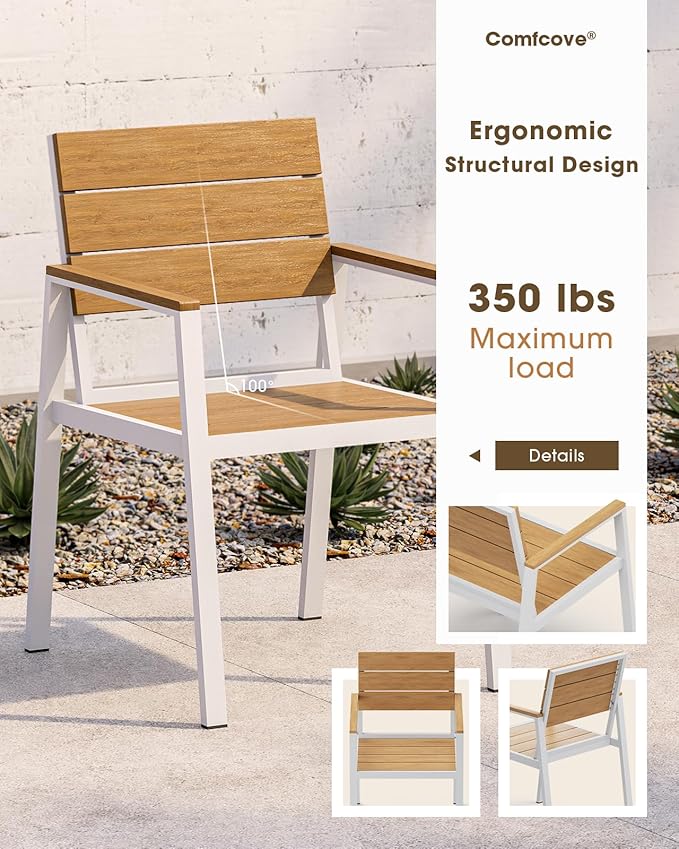 Outdoor Patio Dining Set for 6, Aluminum 7 Piece HDPS Patio Table and Chairs Set with Umbrella Hole, Modern Patio Furniture Set, Patio Dining Table & 6 Chairs (White & Teak)