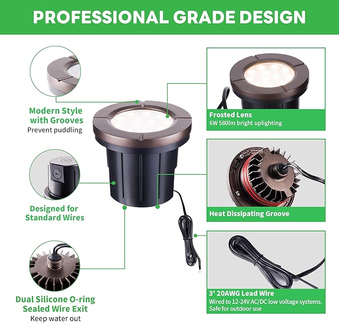 Well Lights Low Voltage, 12V In Ground LED Landscape Lights, IP67 Waterproof Outdoor, Open Top Aluminum ORB for Garden Driveway 6W 580LM 12 Pack