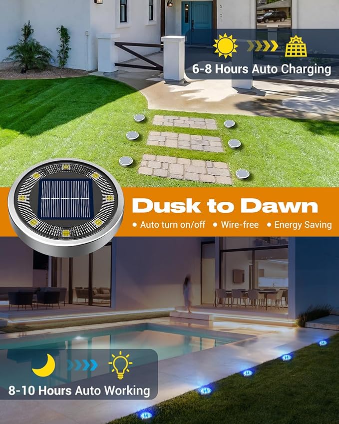 btfarm 4 Pack Solar Lights Outdoor, 8 LED Solar Ground Lights IP65 Waterproof Flat Solar Disc Light, Pathway Lights for Garden Lawn Patio Yard Path Landscape, Blue