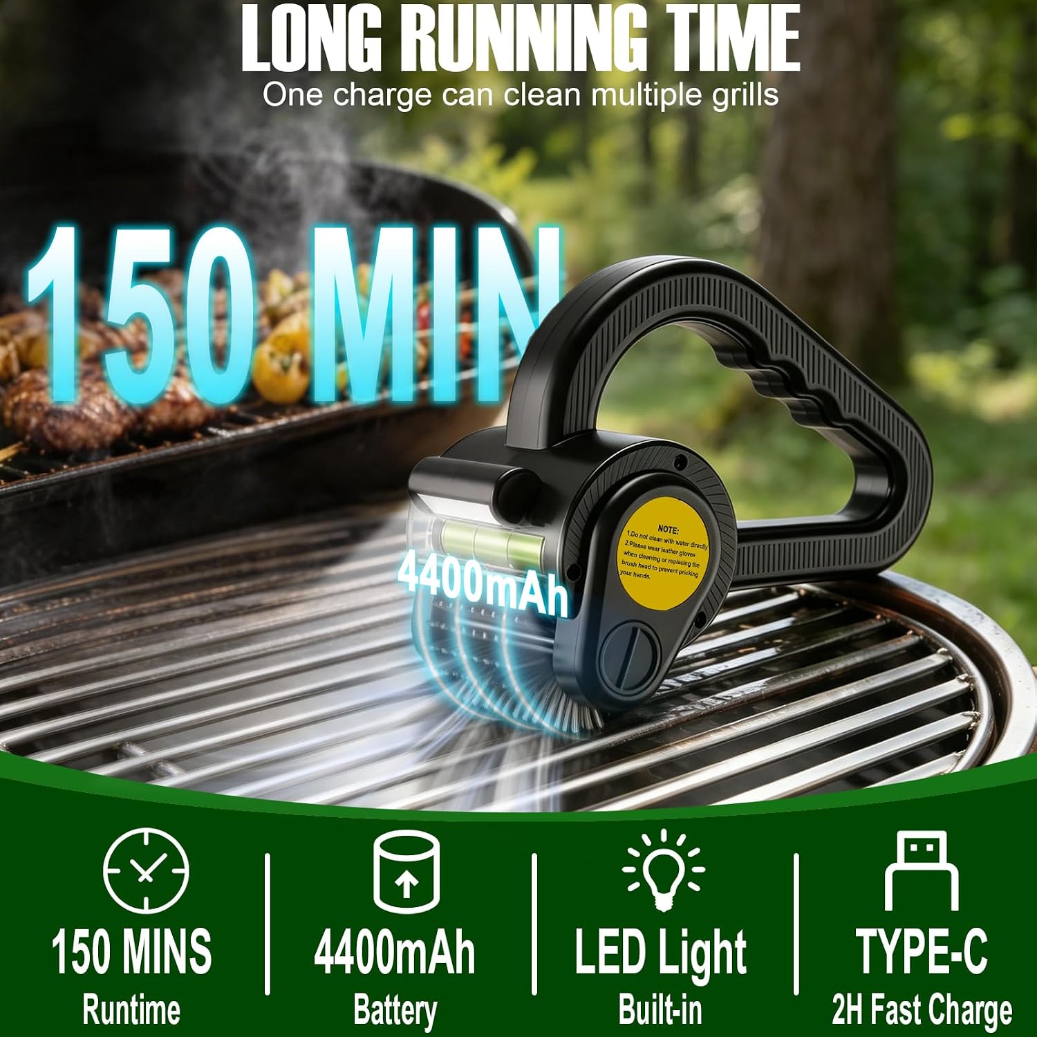 Electric Grill Brush for Outdoor Grill - 4400mAh Rechargeable BBQ Grill Cleaner with LED Light/Screen,150-Min Runtime Cordless Grill Cleaning Brush for Barbecue Grates, No Bristle Shedding