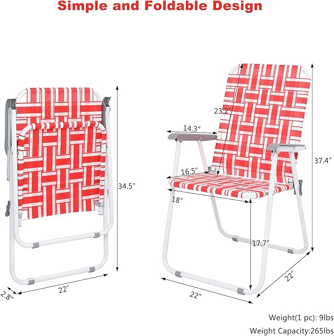 VINGLI Patio Lawn Webbed Folding Chairs Set of 2, Outdoor Beach Chair Portable Dining Chair for Yard, Garden (Red, Classic)