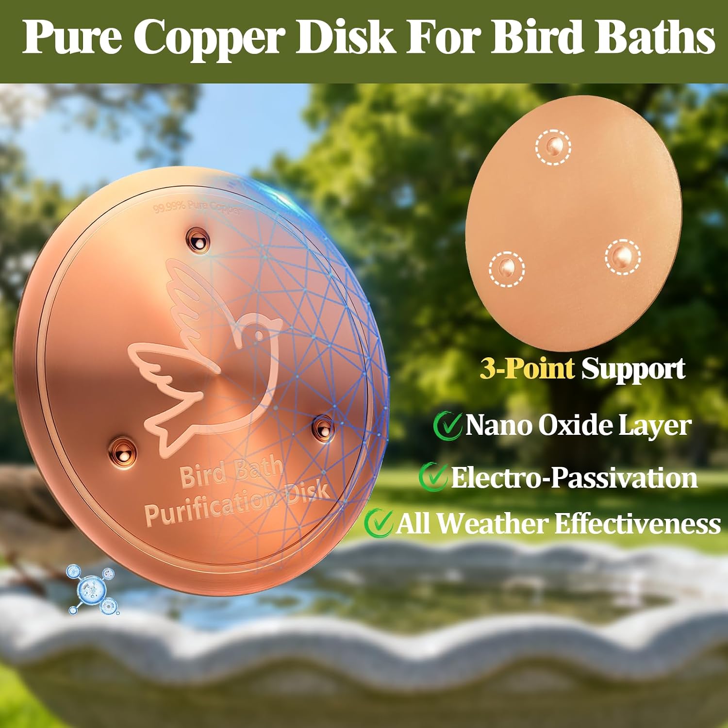 Bird Bath Copper Disk, 99.9% Pure Copper Bird Purification Disk | Bath Cleaning with Triple-Point Support for Physical Safe Clean Water, Fit for Outdoor Birdbath&Bowl (1-Pack)
