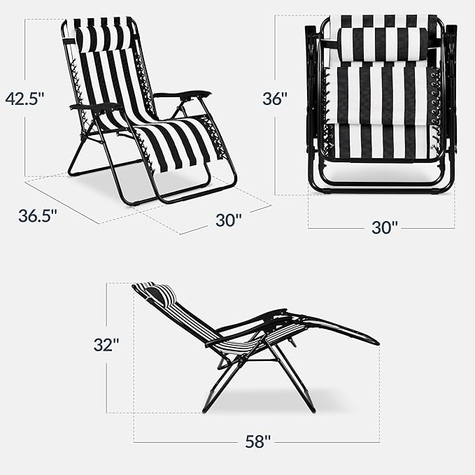 Best Choice Products Set of 2 Extra Wide Adjustable Steel Mesh Zero Gravity Lounge Chair Recliners w/Pillows and Cup Holder Trays - Black Stripes
