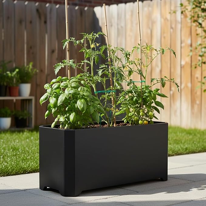 Steel Planter Box-32"x15"x15"-Rectangular Planters for Outdoor Plants, Black Matel Planter Box Raised Support Feet for Patio, Deck, Garden, Yard, Drain Holes, Easy Assembly