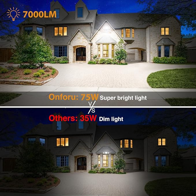 Onforu 2 Pack 75W Flood Lights Outdoor, 7000LM LED Floodlights Switch Controlled, IP65 Waterproof Exterior Lighting Fixture with 3 Adjustable Heads, 6500K Security Light for Eave Garage Yard
