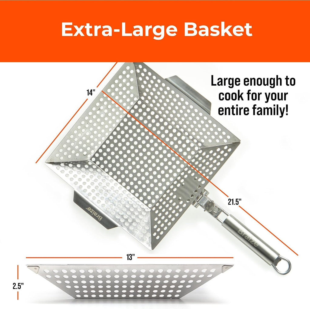 Heavy-Duty Stainless Steel Grill Basket – 12" x 13.75" Large BBQ Basket with Removable Handle – Durable Grilling Basket for Vegetables & Meat – Outdoor Cooking Accessory for Gas & Charcoal Grills