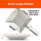Heavy-Duty Stainless Steel Grill Basket – 12" x 13.75" Large BBQ Basket with Removable Handle – Durable Grilling Basket for Vegetables & Meat – Outdoor Cooking Accessory for Gas & Charcoal Grills