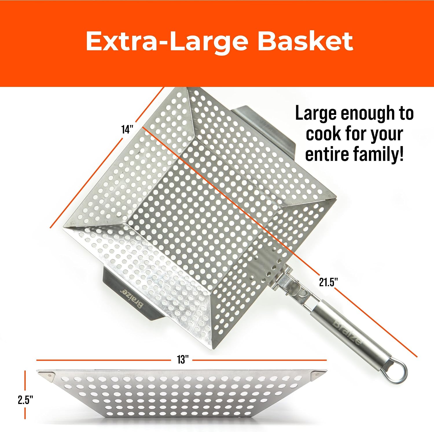 Heavy-Duty Stainless Steel Grill Basket – 12" x 13.75" Large BBQ Basket with Removable Handle – Durable Grilling Basket for Vegetables & Meat – Outdoor Cooking Accessory for Gas & Charcoal Grills