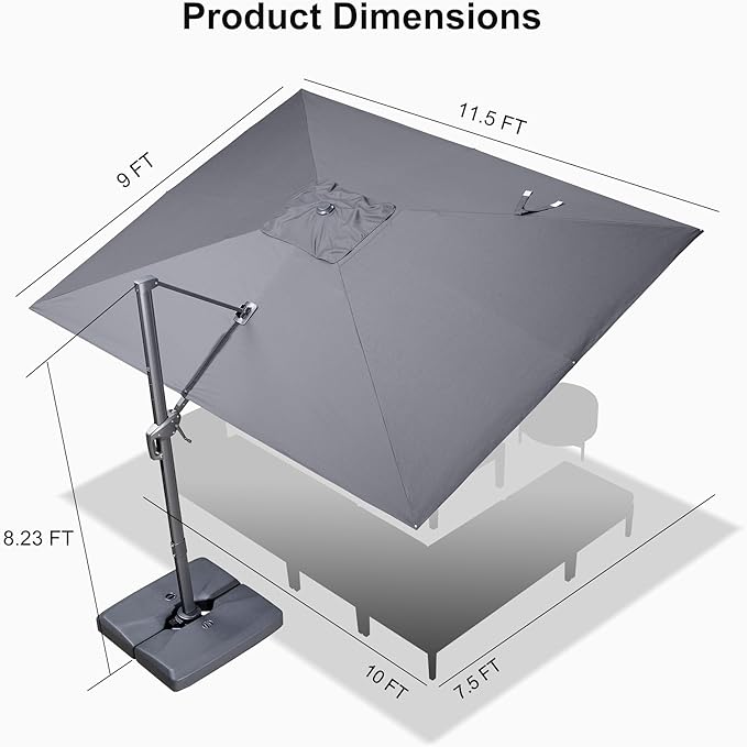 PURPLE LEAF Patio Umbrella 9' X 11.5' Rectangle Cantilever Umbrella Large Aluminum Outdoor Umbrellas with 360-degree Rotation & UPF40+ Premium Fabric for Deck Pool Garden Yard, Graphite Grey