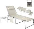 Outsunny Tanning Chair with Face Hole Breathable Mesh Beige | Side Table, Folding, 5-Position Reclining, Chaise Lounge Chair, Outdoor Lounger Recliner, Carry Straps, Beach Pool Camp