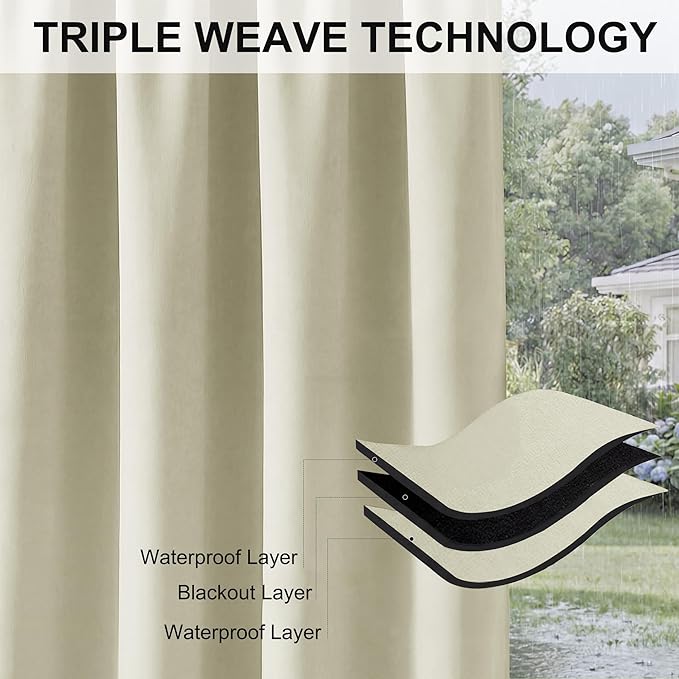 RYB HOME Extra Wide Outdoor Curtains for Patio Waterproof Heavy Duty Thermal Insulated in Summer Full Coverage Privacy for Porch, Cabana & Pergola, W100 x L95, Beige, 1 Panel