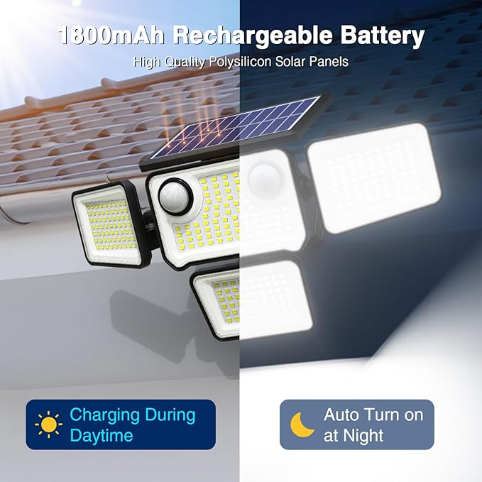 4500LM Solar Lights Outdoor Waterproof, 254 LED Solar Flood Lights Outdoor with 2 Motion Sensor, 4 Heads Security Light with Remote Control for Yard Outside House Garage 3 Pack