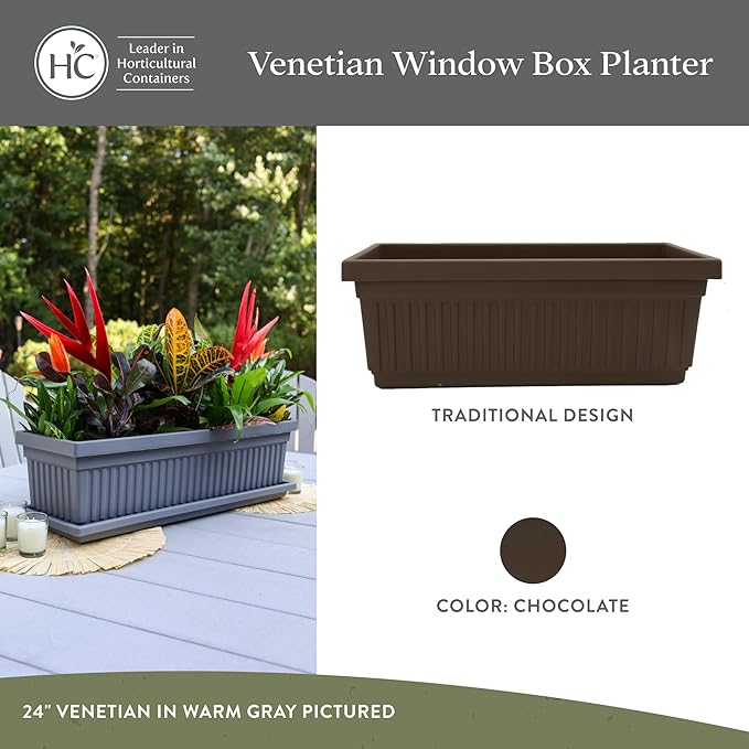 The HC Companies Venetian Window Planter Box w/Drain Plug - Long Planter Box for Windowsills, Balconies & More - Plastic Large Rectangular Planters for Herbs & Flowers (30" Chocolate, Pack of 1)