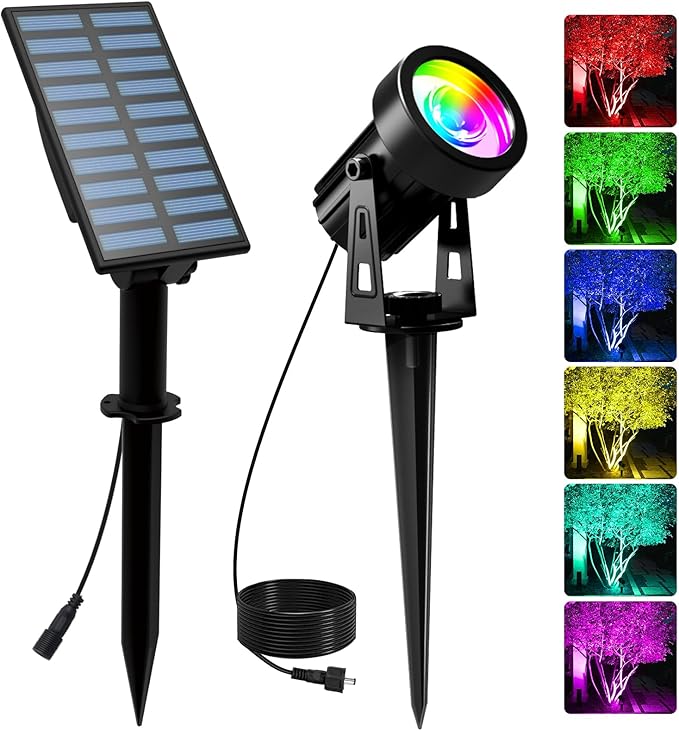 T-SUNUS RGB Solar Landscape Spotlights Christmas, Color Changing Spot Light Outdoor IP65 Waterproof Garden Lights 9.8ft Cable with Separated Panel for Yard Driveway Porch Walkway Pool Patio Halloween
