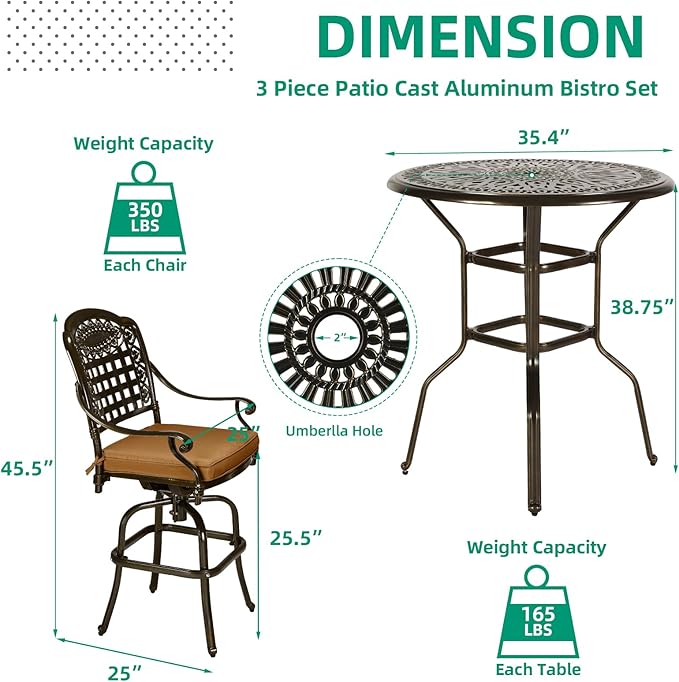 VIVIJASON 5-Piece Patio Swivel Bar Stools Set, All Weather Outdoor Cast Aluminum Bar Height Bistro Set with 4 Cushioned Bar Chairs & 35.4" High Bar Table w/Umbrella Hole for Backyard, Lawn, Garden