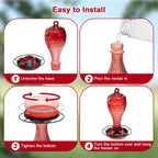 Glass Hummingbird Feeder, Red, 20 OZ | Hand-blown hummingbird feeder for outdoor hanging, reflective fish-scale design, leak-proof seal, ant moat, garden decor
