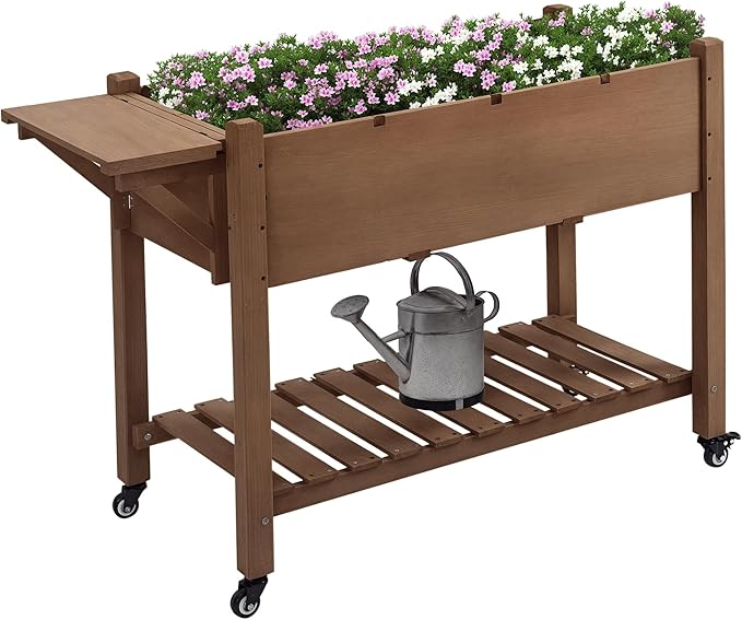 Outsunny Raised Garden Bed with 8 Grow Grids, Wooden Outdoor Plant Box Stand with Folding Side Table and Wheels, 49" x 21" x 34", for Vegetables, Flowers, Herbs, Brown