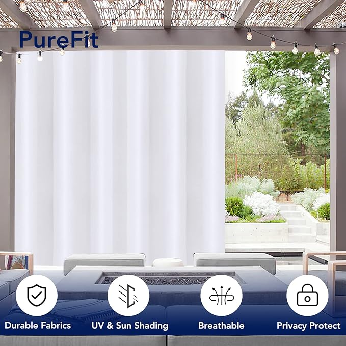 PureFit Outdoor Curtains for Patio Waterproof Weatherproof, UV Resistant Outside Curtains for Gazebo, Front Porch, Pergola, Sun Blocking Privacy Curtain, 100W x 120L inch, 1 Panel, White