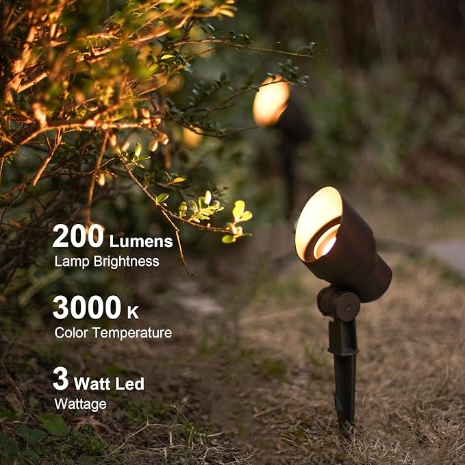 GOODSMANN Low Voltage Landscape Flood Lights 8PK Kit 3W LED 200 Lumen Outdoor Spotlights 3000K Warm White Replaceable LED Outside Hardwired Lighting with Metal Stakes Cable Connectors Replaceable