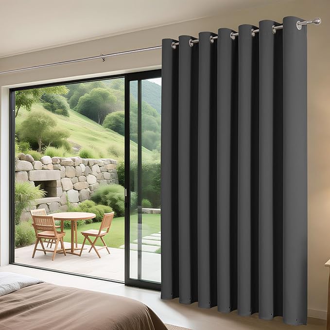 Joydeco Blackout Patio Sliding Door Curtains 96 Inches Long, Grommet Privacy Room Divider Curtains, Extra Wide Thermal Blackout Drapes for Bedroom Living Room (Grey, 80Wx96L, 1 Panel)