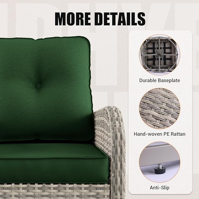11-Piece Outdoor Patio Furniture Set with Rocking Swivel Chair Wicker Sectional Sofa Set, Patio Conversation Set with Ottomans & Coffee Table for Garden, Backyard, Poolside, Green
