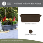 The HC Companies Venetian Window Planter Box w/Drain Plug - Long Planter Box for Windowsills, Balconies & More - Plastic Rectangular Outdoor Planters for Herbs & Flowers (18" Chocolate, Pack of 1)