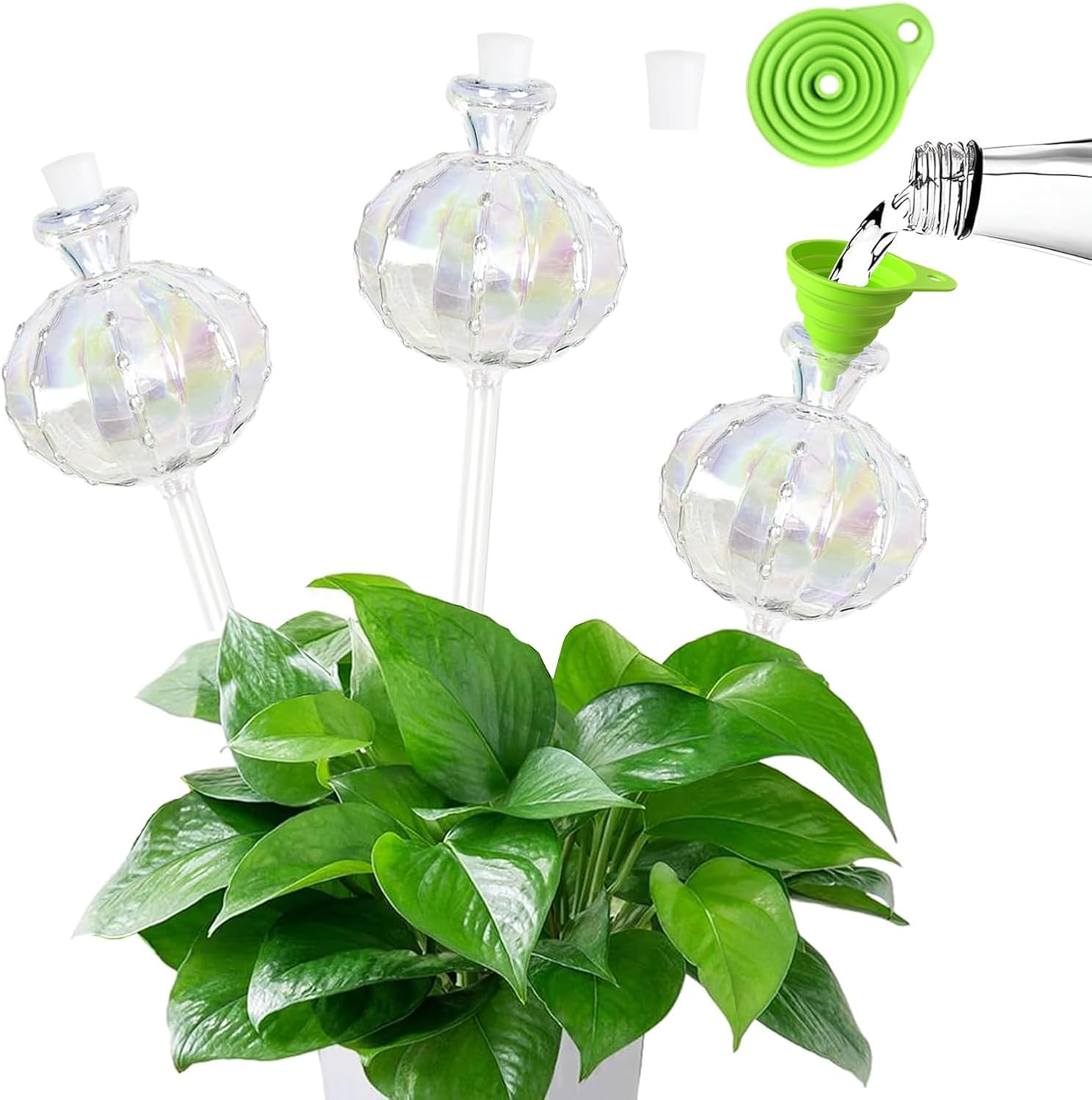 3 PCS Top-Fill Self Watering Globes, Automatic Plant Watering Devices, Transparent Self Watering Planter Insert, Durable Clear Glass Aqua Bulbs for Indoor, Cactus Shape, & Funnel