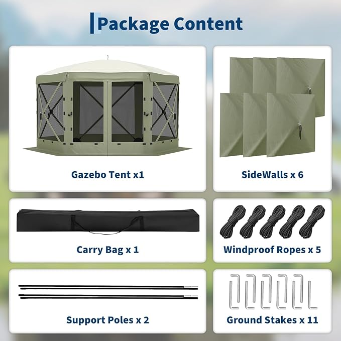 11.5x11.5FT 6-Sided Pop Up Gazebo Tent，One-Push Setup Canopy Tent with Mesh Panels & Removable Wind Cloths, Outdoor shelter for Camping, Backyard Parties, Outdoor Events - Army Green