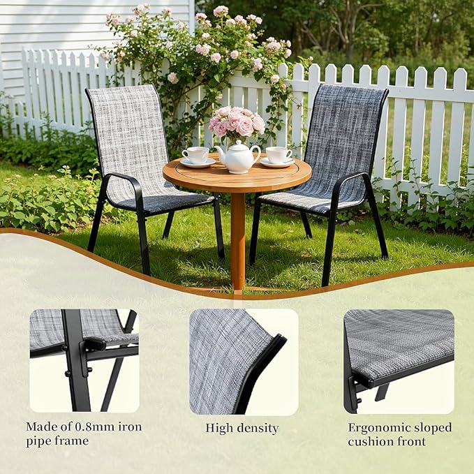 MAMIZO Patio Dining Chairs, Stackable All Weather Teslin Chair, Heavy Duty Outdoor Breathable Chairs Set, w/Armrests, Upgraded Chair FeetW/Strenthened Iron Spacers, 330 LBS (8, Grey)