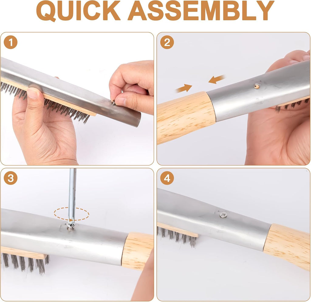 26" Stainless Steel Pizza Oven Brush with Extra Long Heat-Resistant Handle, Stone Scraper, Compatible with Ooni Ovens, Silver/Wood Finish
