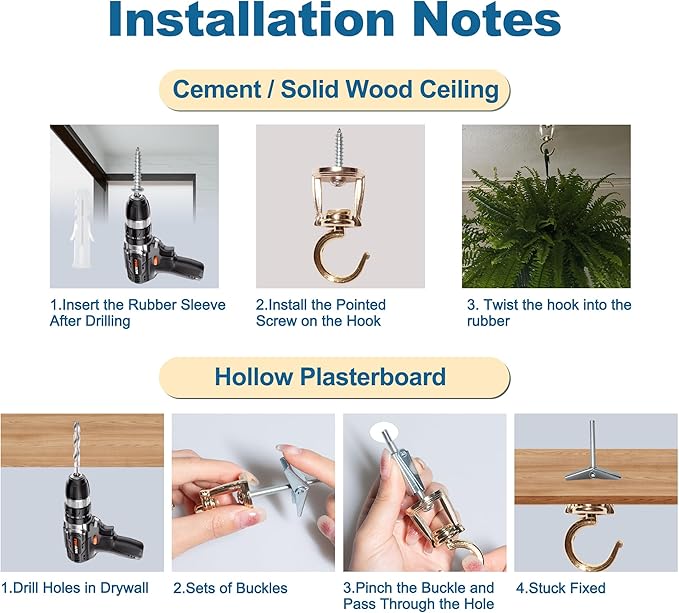 ONIKK Ceiling Hooks for Hanging Plants (6 PCS Gold), Heavy Duty Metal Plant Hooks, Screw in Hooks for Hanging Birdfeeders, Lamps, Planters, Indoor Outdoor Wall Baskets Hooks up to 33 lbs