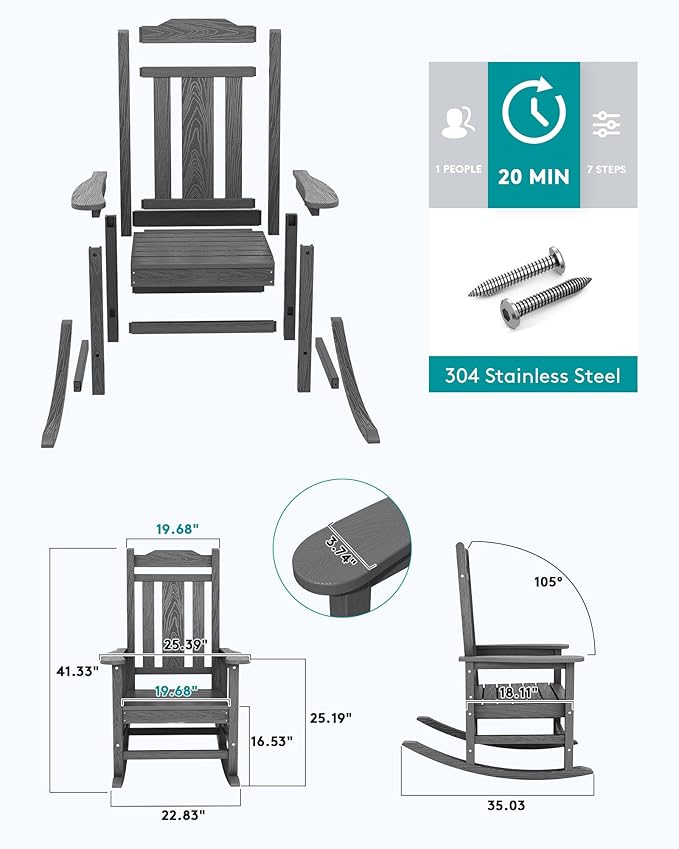 SERWALL Gray Outdoor Rocking Chair Set of 4, All Weather Patio Rocking Chair, HDPE Poly Rocking Chair for Adults, Heavy Duty Front Porch Rocker