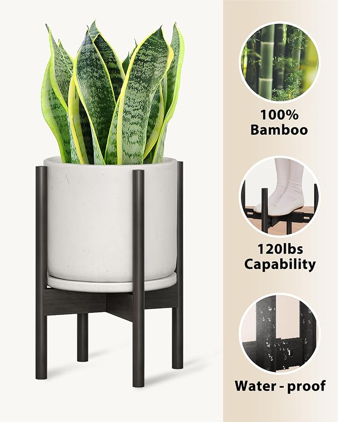 Adjustable Plant Stand Indoor, Bamboo Plant Stand Fits 8 9 10 11 12 Inches, Small Corner Planter Holder for Indoor Plants, Single Floor Plant Stands for Living Room Balcony, Pure Black