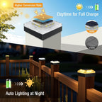 4x4 Solar Post Cap Lights Outdoor 2 Pack, 3 Color Modes/Dusk to Dawn/IP65 Waterproof, Fits 4x4 Vinyl/PVC Wood Posts Top, Black LED Fence Topper Light for Deck, Porch, Backyard