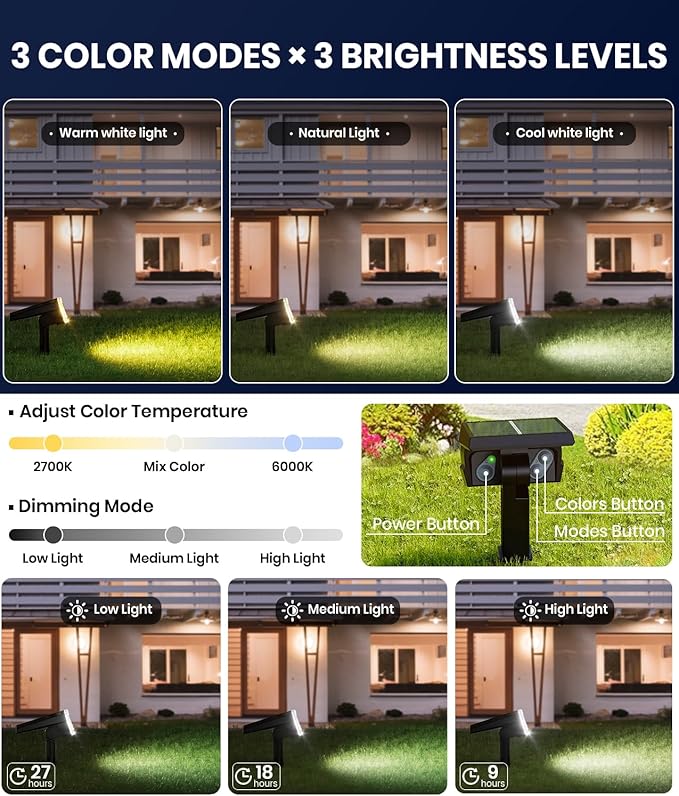 12 Pack Solar Spotlights Outdoor Waterproof IP67,Adjustable Wall&Ground Lights Powered with 3 Colors, 3 Modes, Dusk to Dawn Uplights for Pathway/Garden/Yard/Patio/Driveway/Landscape Lighting Outside