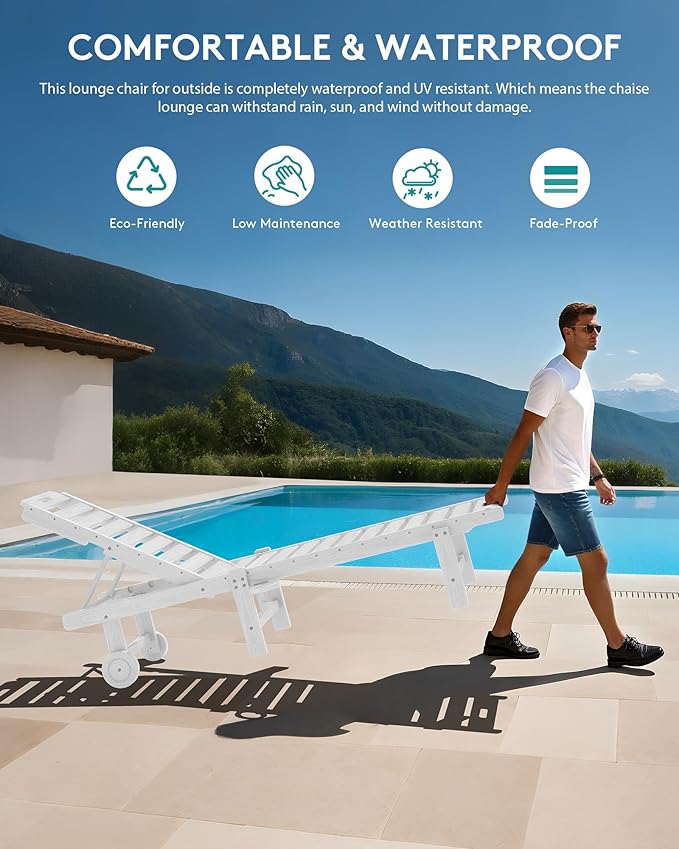 SERWALL Outdoor Chaise Lounge Set of 2, All-Weather HDPE Pool Lounge Chairs with 5-Position Adjustable Reclining Backrest, Rolling Wheels & Cup Holder for Poolside, White