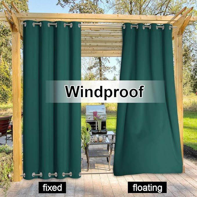 NICETOWN Outdoor Patio Curtain Extra Long Drape 120" L Waterproof/Windproof, Top and Bottom Grommets Blackout Outdoor Drape Privacy Protect for Yard/Porch, 52" W, 1 Panel, Hunter Green